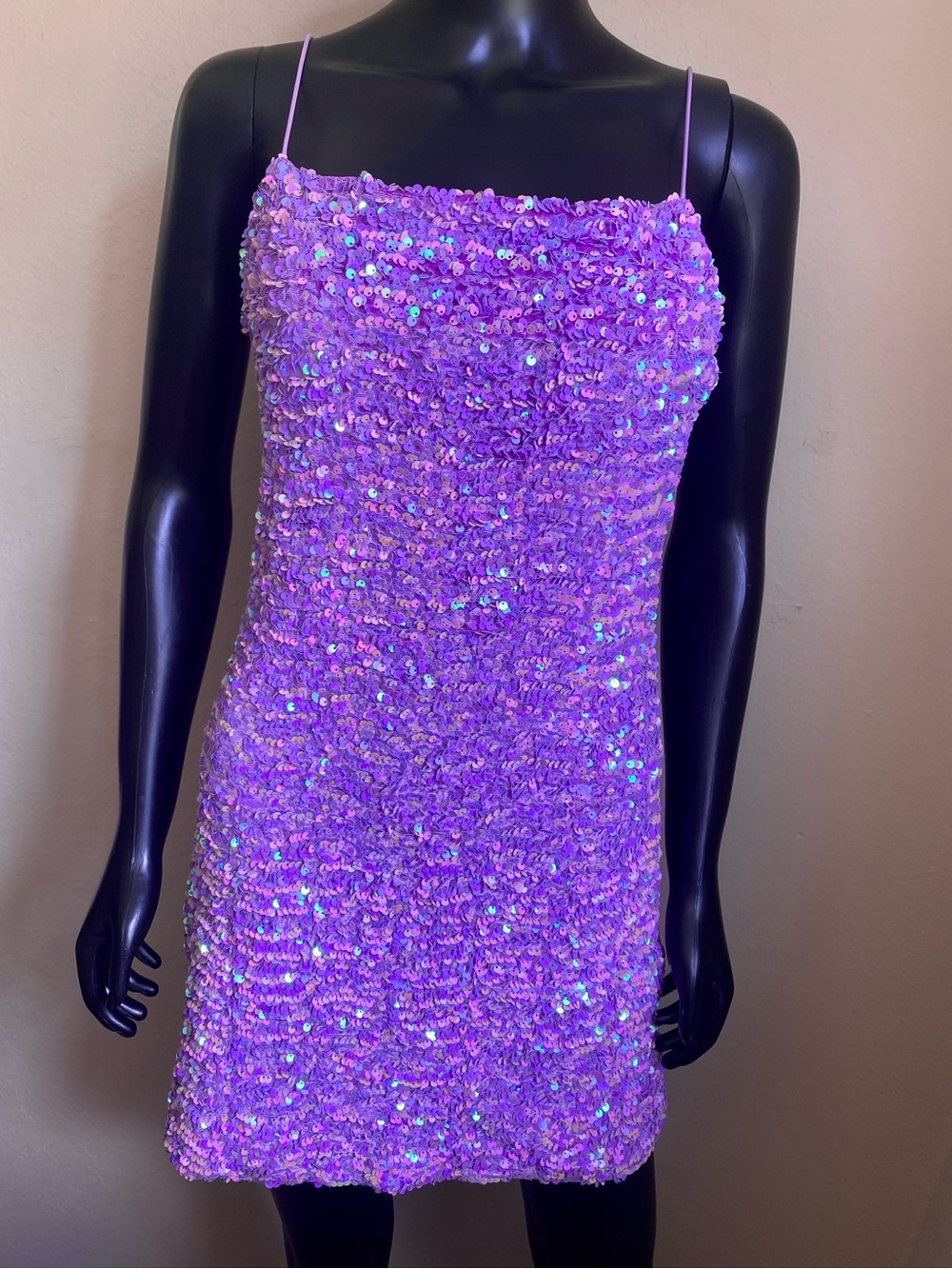 Thirty Thirty Sparkling Lavender Sequin Mini Dress with Spaghetti Straps